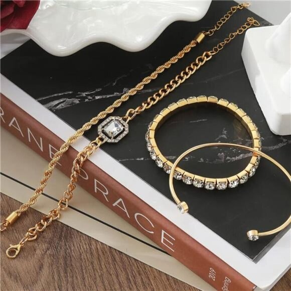 4 Pcs Dainty Gold Silver Bracelets Set for Women 14K Plated Link Cubic Zirconia - Picture 6 of 7